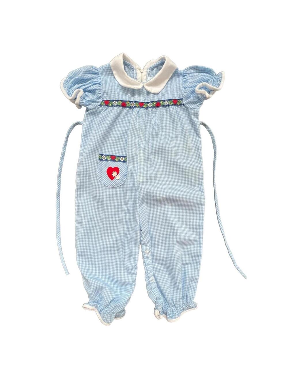 Vintage 70s Neiman Marcus Blue & White Gingham Baby Romper - 3-4T